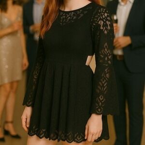 Free People Black Long Lace Bell Sleeve Fit and Flare Mini Party Dress 4